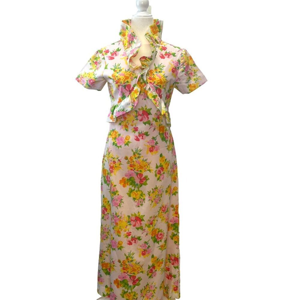 Floral Maxi Dress Vintage 60s 70s Handmade ladies XSmall Empire Bodice ruffle